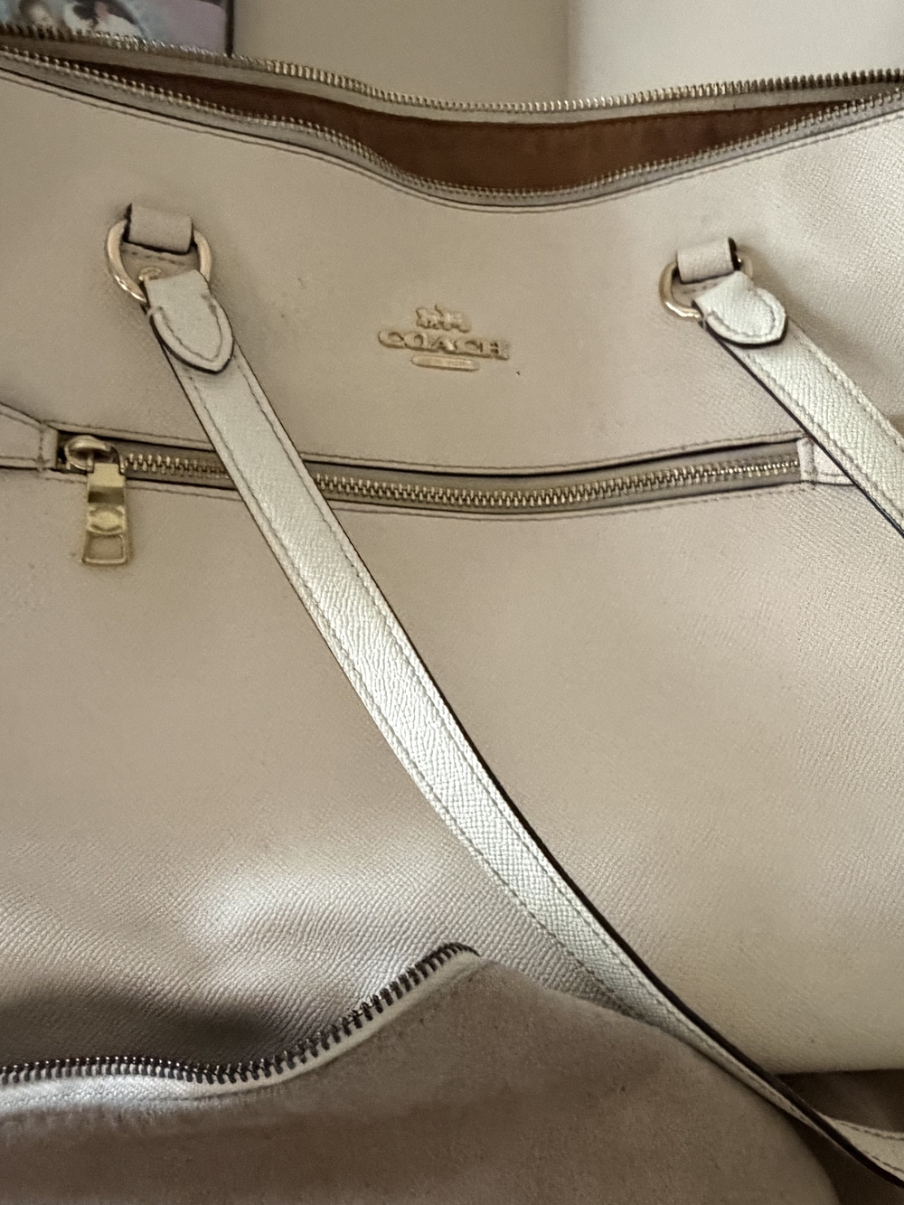 Coach Cream Leather Pebbled Tote with Gold Hardware